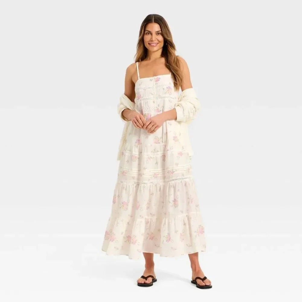 Universal Thread Cream Floral Tiered Maxi Dress with Pink Accents - Picture 3 of 3